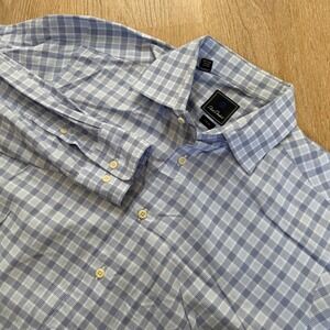 David Donahue Trim Fit Dress Shirt Mens 16.5 34/35 Blue White Plaid Cotton